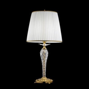 Elegant Laudarte Carina table lamp with sculpted clear crystal column and bronze castings in luminous 24K gold-plated finish