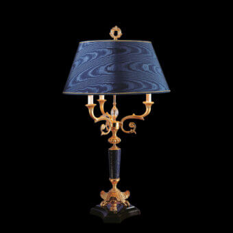 Exquisite Laudarte Cariti table lamp handcrafted in bronze with 24K ancient gold plating and a lapis lazuli column with crystal insert