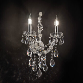 Distinguished Laudarte Celeste wall lamp crafted in bright palladium plated structure with delicate clear Asfour crystal pendants exhibiting graceful symmetry