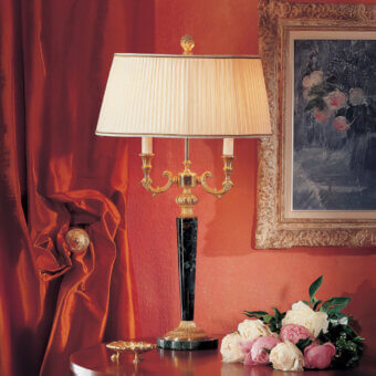 Distinguished Laudarte Diana table lamp crafted in bronze with radiant 24K ancient gold plating and a marble column with a light beige lampshade