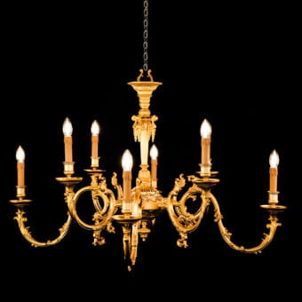 Exquisite Laudarte Iperione chandelier crafted in bronze with radiant 24K ancient gold plating and scrolling foliage