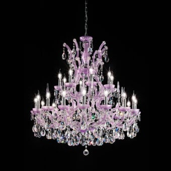 Exquisite Laudarte Oberon Lilac chandelier crafted in Italy with a palladium-plated structure, satin lilac crystal dishes and clear Asfour crystal pendants