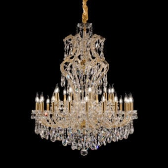 Elegant Laudarte Orione Bottom chandelier crafted in 24K gold-plated metal with Asfour crystal pendants and delicate glass strips