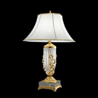 Distinguished Laudarte Siria table lamp crafted in Italy with bronze castings, 24K gold plating and a clear crystal base
