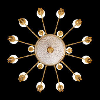 Lavish Laudarte Sole chandelier handcrafted in bronze with radiant 24K gold plating and stone mosaic accents