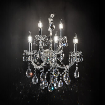 Superior Laudarte Syrma wall lamp handcrafted with palladium plated structure and delicate Asfour crystal pendants offering refined luminosity