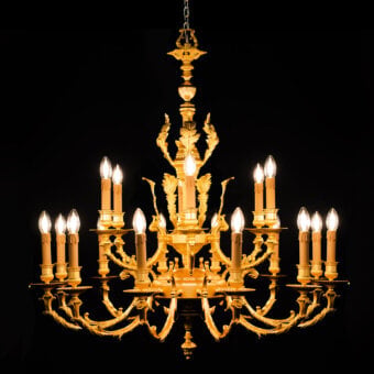 Distinguished Laudarte Venus chandelier crafted in bronze with delicate leaf motifs and opulent 24K ancient gold plating