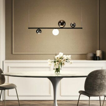 Exceptional Lodes Random Stick Short suspension lamp with a matte white hexagonal bar and dark reflective shades