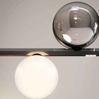 Superior Lodes Random Stick Short suspension lamp with a glossy black bar and silver-white hand-blown glass spheres crafted in Italy