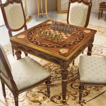 Exceptional Modenese Luxury Furniture game table with wood inlays and polished glossy finish