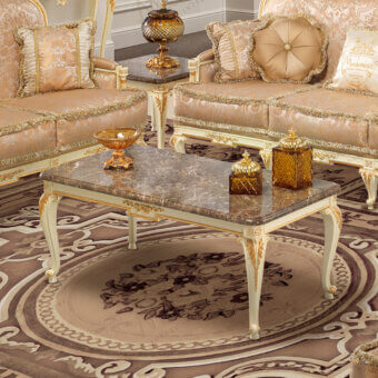 Distinguished Modenese Midnight Moon coffee table crafted with marble and intricately carved white wood with gold accents