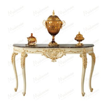 Lavish Modenese Midnight Moon console handcrafted in Italy with white finish and gold leaf detailing plus marble top