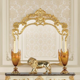 Exquisite Modenese Midnight Moon mirror crafted in Italy with floral motifs and glossy gold-colored wood finish