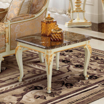 Distinguished Modenese Midnight Moon side table with dark marble tabletop and white hand-carved hardwood legs in satin finish