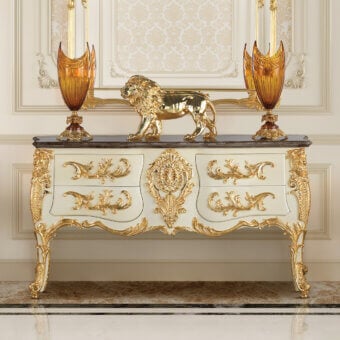 Lavish Modenese Midnight Moon sideboard crafted in Italy with white finish and opulent gold leaf detailing