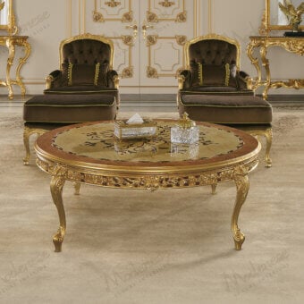 Distinguished Modenese Royal Blend coffee table crafted with wood and marble, exhibiting gold finish with delicate wood inlays