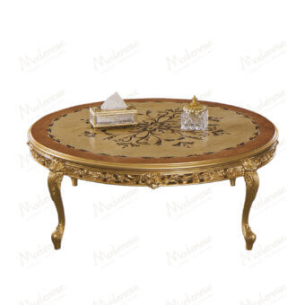 Superior Modenese Royal Blend coffee table crafted in wood with inlaid detailing and gilded, hand-carved legs