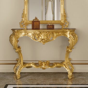 Distinguished Modenese Royal Blend console crafted in Italy with elaborate hand-carved details and a luxurious gold finish