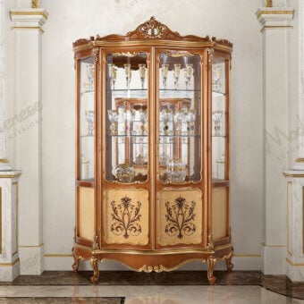 Distinguished Modenese Royal Blend cupboard crafted in walnut wood with golden detailing and inlaid lower panels