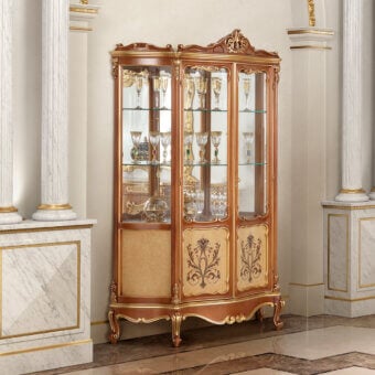 Lavish Modenese Royal Blend cupboard crafted in walnut wood with golden detailing and glossy finish