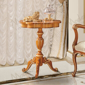 Exquisite Modenese Royal Blend Floral side table crafted in warm-toned wood with delicate gold leaf accents and glossy finish