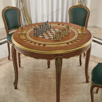 Exceptional Modenese Royal Blend game table with warm walnut finish and inlaid chessboard built with ornate hand-carved detailing
