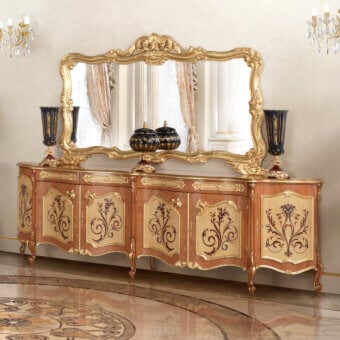Distinguished Modenese Royal Blend sideboard crafted in reddish-brown wood with gold leaf detailing and carved floral motifs