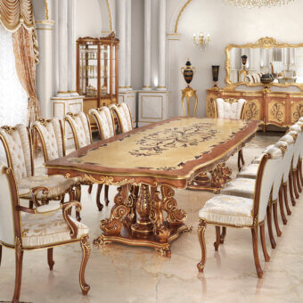 Superior Modenese Royal Blend table crafted in wood with floral inlays, lustrous finish and elegant gold accents