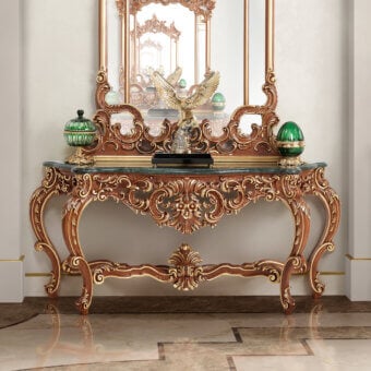 Lavish Modenese Royal Blend console crafted in walnut with gold leaf detailing and dark green marble
