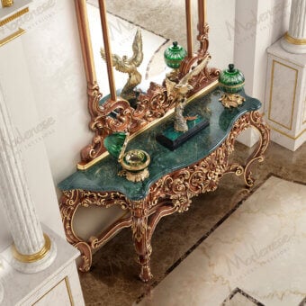 Superior Modenese Royal Blend walnut console exhibiting gold leaf detailing and a teal marble surface