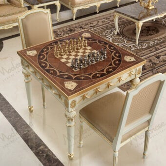 Distinguished Modenese Royal Symphony game table with creamy white satin wood, gold detailing and burgundy chessboard surface
