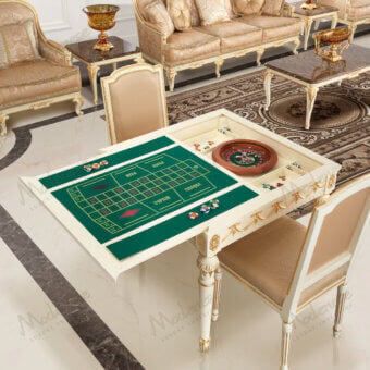 Exquisite Modenese Royal Symphony game table crafted in Italy with glossy wood, creamy white satin, and gold accents