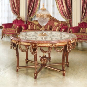 Exquisite Modenese Rubino Delight center table with deep walnut base and opulent inlaid marble tabletop crafted with gold leaf accents