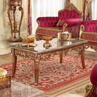 Distinguished Modenese Rubino Delight coffee table with polished marble top and solid wood base crafted in warm brown with gold-leaf carvings