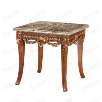 Distinguished Modenese Rubino Delight side table crafted in walnut with hand-carved gold detailing and a luxurious marble top