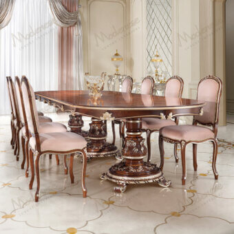 Distinguished Modenese Noble Etiquette table crafted in reddish-brown solid wood with silver leaf detailing and polished finish