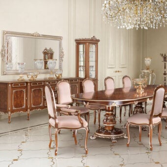 Exclusive Modenese Noble Etiquette table crafted in warm brown solid wood with silver leaf detailing and ornate carvings