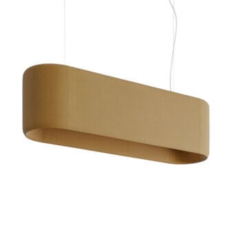 Distinguished Modo Luce Circus Longue acoustic suspension lamp in warm golden-brown velvet with double light emission and opal plex diffuser