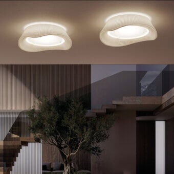 Elegant Modo Luce Cocò Demi ceiling lamp with flowing organic form crafted in pleated fabric and opal plex diffuser