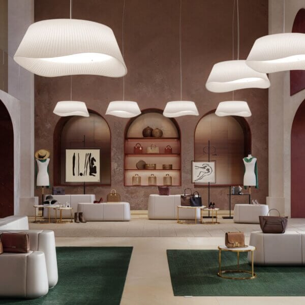 Superior Modo Luce Cocò Demi suspension lamp with gently curved pleated fabric and opal plex diffuser crafted in Italy