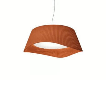 Elegant Modo Luce Cocò Demi suspension lamp with terracotta pleated fabric and opal plex diffuser exhibiting a matte finish