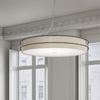 Distinguished Modo Luce Hoop suspension lamp with a neutral beige Kvadrat fabric shade and dark graphite painted metal ring