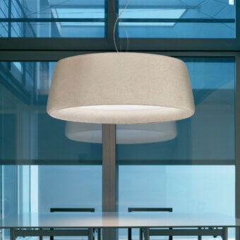 Distinguished Modo Luce Milleluci suspension lamp in neutral beige velvet with matte finish and opal plex diffuser