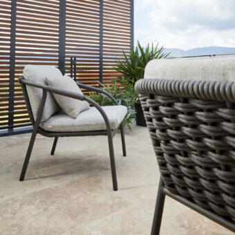 Sophisticated Roberti Rattan Capri lounge chair with durable searope woven around a powder-coated aluminum frame in muted gray