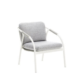 Distinguished Roberti Rattan Capri lounge chair with gray searope woven around a powder-coated aluminum frame