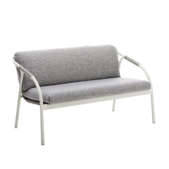 Exceptional Roberti Rattan Capri sofa built with durable searope and heathered gray textile cushions with a powder-coated aluminum frame