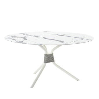 Distinguished Roberti Rattan Capri table with round HPL top, white marble-like finish and powder-coated steel base with grey searope wrap