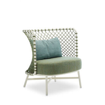 Distinctive Roberti Rattan Charme lounge chair crafted with a powder-coated 304 steel frame and woven Flat Trendyrope in muted green textile