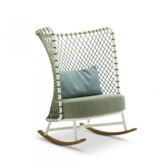 Distinguished Roberti Rattan Charme rocking lounge chair built with light green cushions, white powder-coated steel, and light brown wood runners