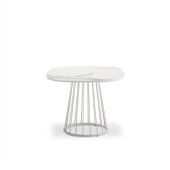 Distinguished Roberti Rattan Charme side table with terrazzo top composed of grit and mother-of-pearl inserts in white powder-coated steel